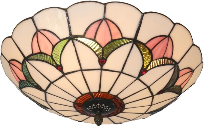 Tiffany Style Ceiling Light 16 Inch Stained Glass Flush Mount Ceiling Light for Bedroom Chandelier Vintage Pendent Light Fixtures (16 Inch White Pink)