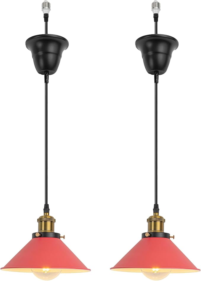 2 Pcs Ceiling Lights Conversion Pendant E26 Base Connections Adjusted Wire Length Cone Metal Red Lampshade Industrial Style Conversion Kit for E26 Ceiling Lamp Fixtures