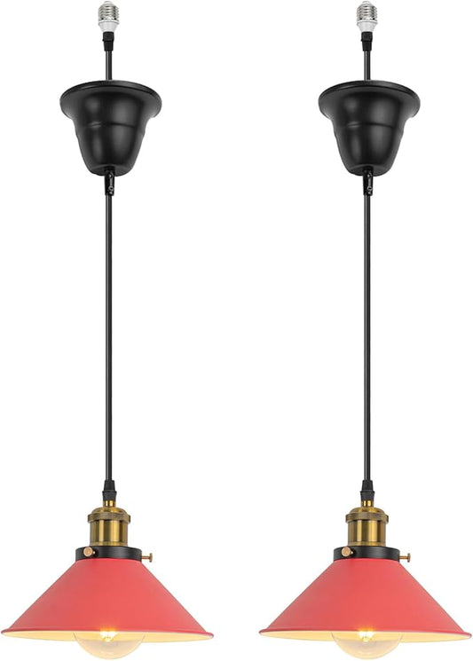 2 Pcs Ceiling Lights Conversion Pendant E26 Base Connections Adjusted Wire Length Cone Metal Red Lampshade Industrial Style Conversion Kit for E26 Ceiling Lamp Fixtures