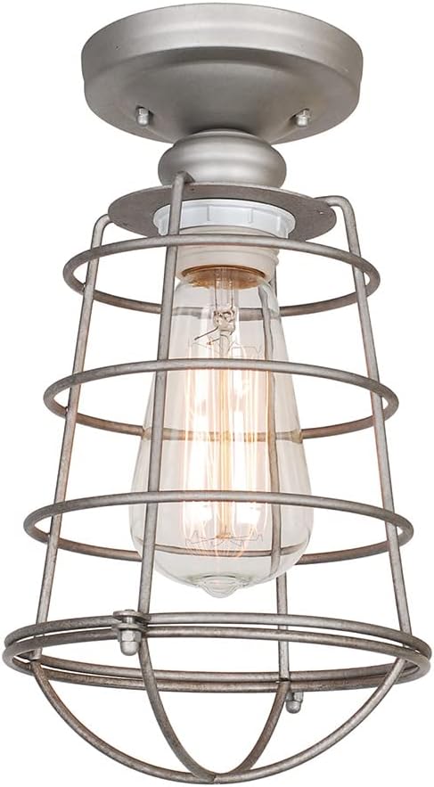 Design House 519686 Ajax Industrial Modern 1-Light Indoor Ceiling Mount Light with Metal Wire Cage for Hallway Foyer Closet, Galvanized Steel