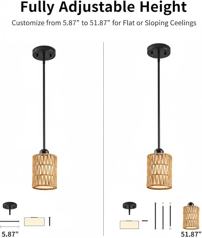 Rattan Pendant Light – 6 Inch 2-in-1 Boho Hanging Fixture with Iron Rods & Linen Shade, Adjustable Height & Sloped Ceiling Compatible for Kitchen Island Dining Room Farmhouse Bedroom, 3 Pack