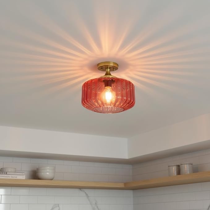 Gold Bathroom Ceiling Light Fixtures Vintage Ribbed Glass Overhead Light Flush Mount Ceiling Light 1-Light Red Chandelier Kitchen Light for Laundry Room Foyer Closet
