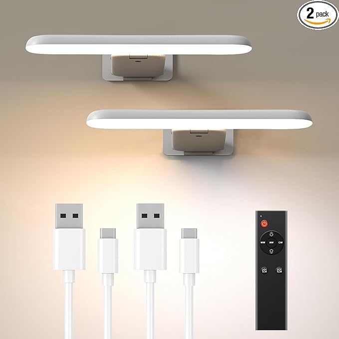NARUNDREN 2 Pack Picture Lights for Wall, Rechargeable LED Picture Light Battery Operated with Remote, Dimmable Poster Light for Paintings, Portraits, Art Frames, Display Lighting for Wall Decor,White