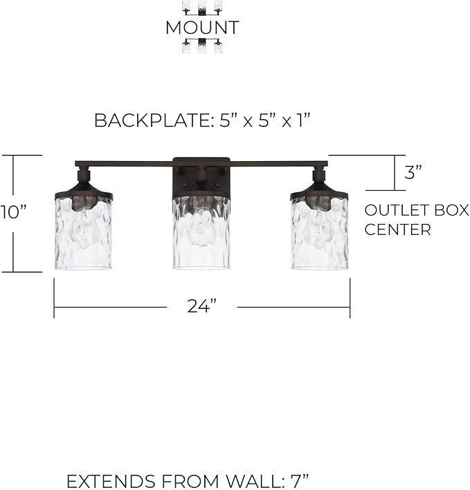 HomePlace Lighting 128831BZ-451 Colton Mid-Century Clear Water Glass Bathroom Vanity Wall Light, 3-Light 300 Total Watts, 10" H x 24" W, Bronze