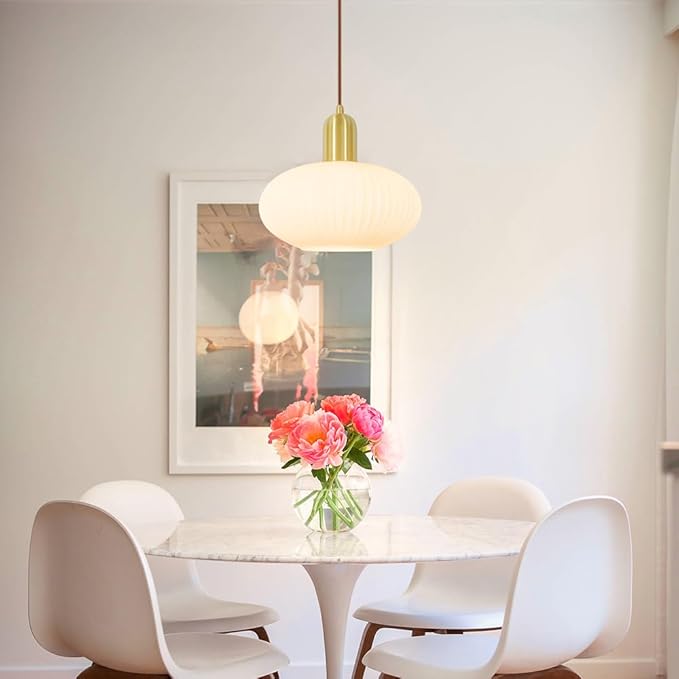 Modern Pendant Light, Brass Gold Kitchen Island Pendant Light Fixture, Pendant Lighting Fixture with Milky White Globe Glass Shade, Adjustable Ceiling Hanging Ligth for Bathroom Dining Room, 11.5in