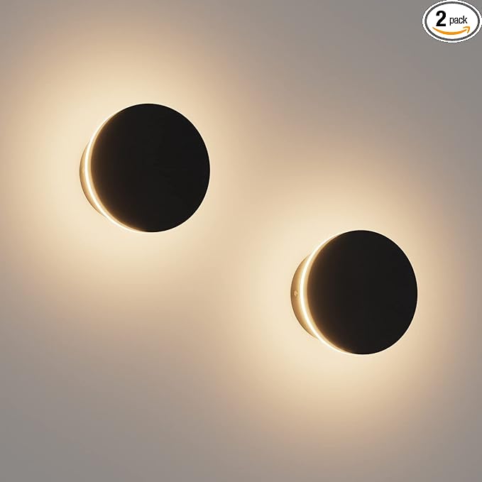 2 Packs LED Wall Light Outdoor Indoor Modern Wall Sconce Mini Sconce Outdoor Wall Lights Aluminum Waterproof Black Wall Mount Light LED Wall Sconces Warm White 3000K (Round)