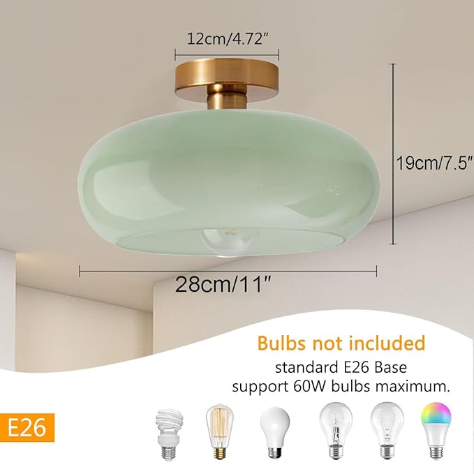 Mid Century Ceiling Light Fixture - Milk Glass Shade, Gold Modern Flush Mount Lamp for Hallway, Dining Room, Kitchen