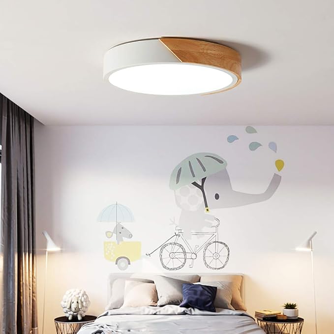 EDISLIVE Light Ceiling Light Dimmable 11 inch Modern Minimalist LED Round Shaped Wood & Metal & Acrylic Flush Mount Ceiling Light with Remote Control White