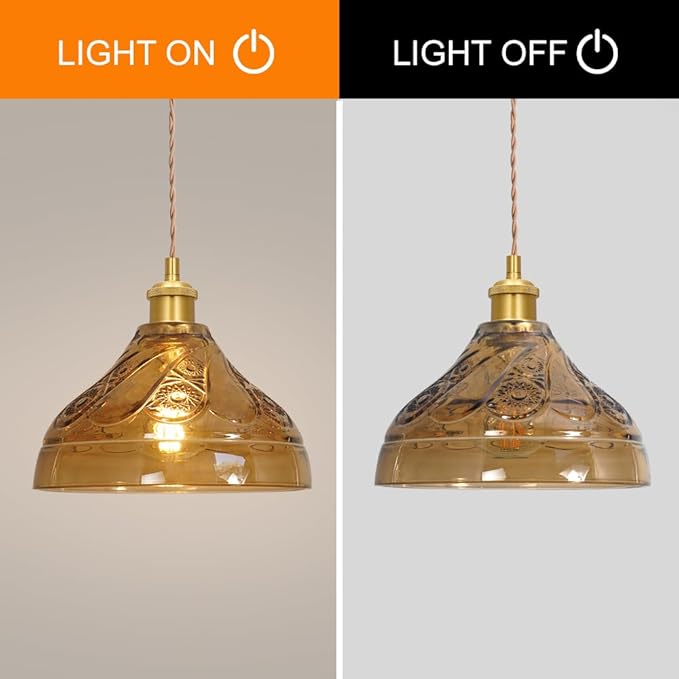 Brushed Gold Pendant Lights Kitchen Island, Vintage Brown Glass Pendant Light, Adjustable Height E26 Socket Light for Kitchen Island, Dining Room,Entryway,Bedroom, Farmhouse Industrial Modern Decor