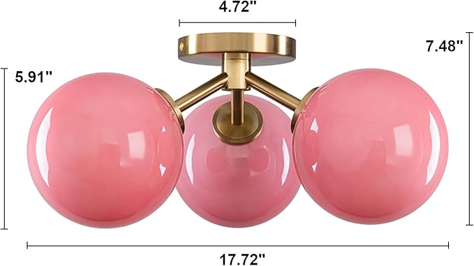 Pink Semi Flush Mount Ceiling Light Fixture, 3 Light Opal Glass Globe Mid Century Modern Light Fixtures for Bedroom,Entryway,Hallway,Living Room,Kithcen,Dining Room