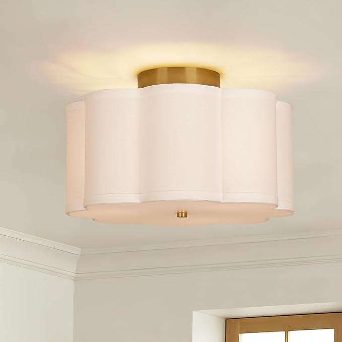 Modern Flush Mount Ceiling Light,3-Light Nursery Light Fixture with Petal-Type White Fabric Shade,12.6 Farmhouse Drum Ceiling Light Fixture for Bedroom Living Room Kitchen Hallway