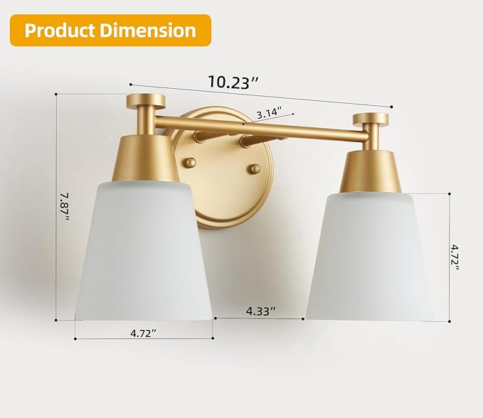 2 Light BathroomVanity Lights, Brushed Gold Wall Sconce Light with Frosted Glass, Bathroom Over Mirror Light Fixtures for Living Room, Bedroom, Hallway