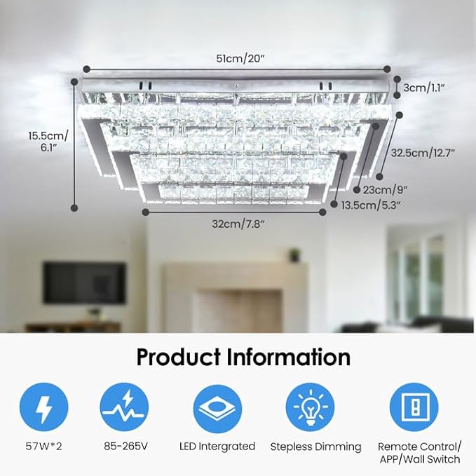 Finktonglan Modern Crystal LED Ceiling Light Fixtures 20” Dimmable Rectangular Flush Mount Chandelier Ceiling Lights 3-Tiers Stainless Steel Ceiling Lamp Fixtures for Living Room Bedroom Dining Room