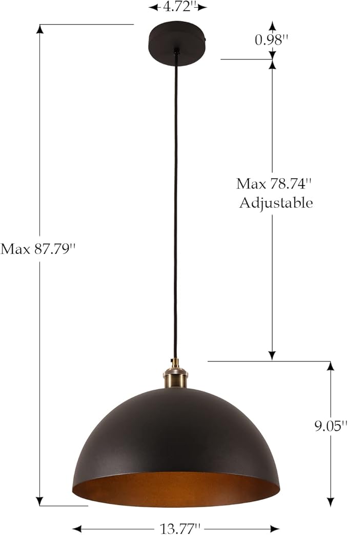 Vintage Black Pendant Light 13.7'' Retro Farmhouse Dome Pendant Lamp Modern Industrial Chandelier for Wire Length 78.74 '' Kitchen Island, Bedroom, Dining Room, Living Room, Hallway
