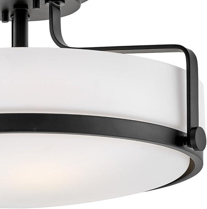 Hinkley Harper 3643BK Large Semi-Flush Ceiling Light, Sleek, Retro Style, Black and Etched Opal Glass