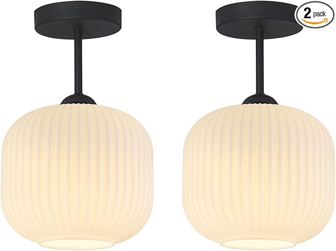 Small Milk Ribbed Glass Flush Mount Ceiling Light Nordic White Ceiling Lights Mid Century Modern Globe Semi Flush Mount Ceiling Light Fixture for Kitchen Hallway (2 Pack)
