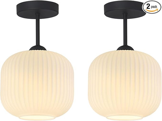 Small Milk Ribbed Glass Flush Mount Ceiling Light Nordic White Ceiling Lights Mid Century Modern Globe Semi Flush Mount Ceiling Light Fixture for Kitchen Hallway (2 Pack)