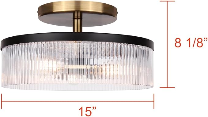Canarm Jenner 3-Light Semi-Flush Mount Ceiling Light, 15-Inch Matte Black and Gold Finish with Ribbed Glass, Contemporary Lighting for Living Room, Bedroom or Dining Room