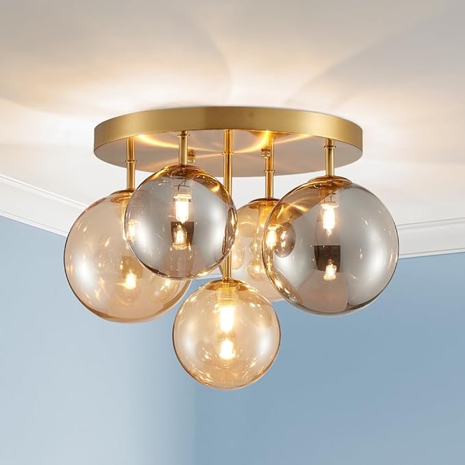 AGV LIGHTING Flush Mount Ceiling Light Fixture, Modern Bubble Glass Ceiling Light with Black Metal Frame, 5-Light G9 Base Gold Brass Ceiling Chandelier for Bedroom Living Room Kitchen Dining Room