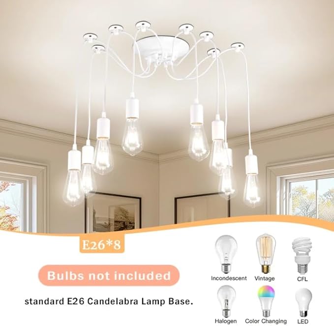 Finktonglan 8-Light Spider Pendant Chandelier, Adjustable 48.4" Cords, E26 Sockets, White Modern Farmhouse Multi-Light Ceiling Fixture for Kitchen Island, Dining Room & Entryway