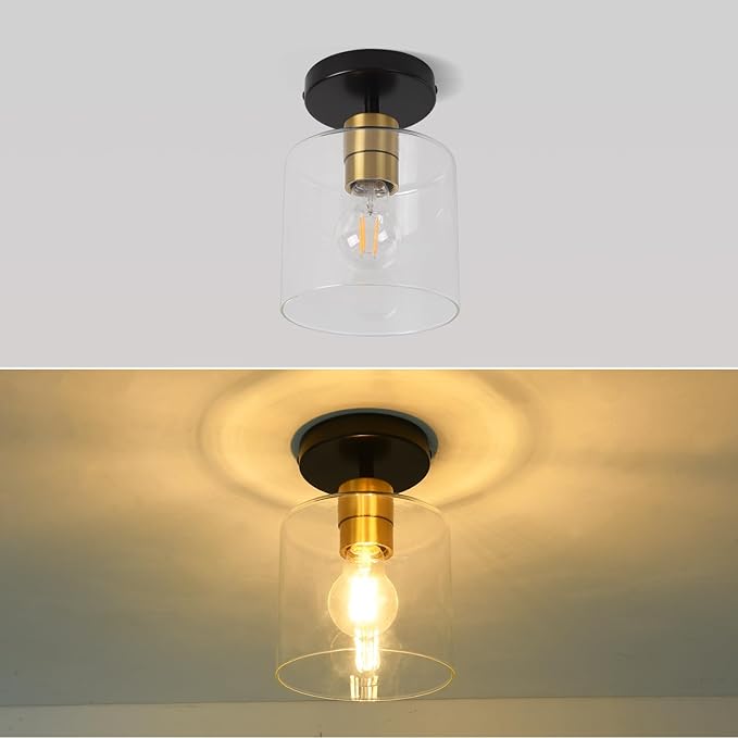Black Brass Semi Flush Mount Ceiling Light,Modern Farmhouse Ceiling Light Fixture for Closet Entryway,Hallway Light Fixture 5.9in Clear Glass Shade 1 Pack