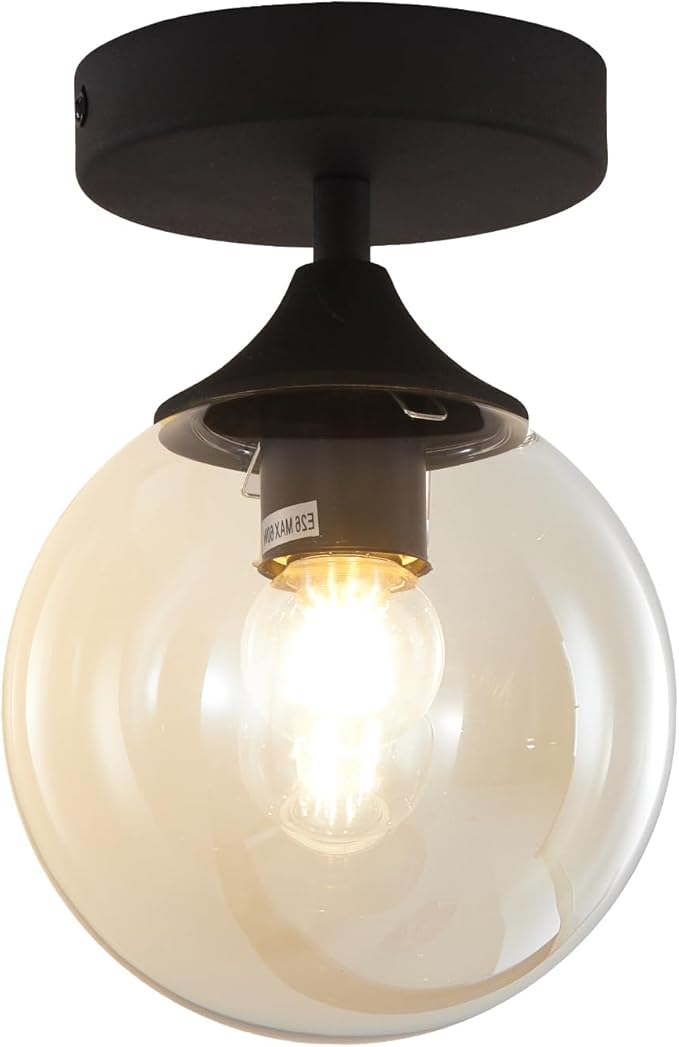 KCO Lighting Black Globe Semi Flush Mount Ceiling Light Modern Light Fixture Amber Glass Ceiling Light Rustic Bedroom Close to Ceiling Light Mid Century Modern Overhead Light