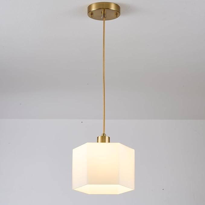 XSDeTu 1 Pack Milk Glass Pendant Lights Kitchen Island, Modern Gold Hanging Light Fixture, Mid-Century Hexagonal Ceiling Lamp, Mini Farmhouse Chandelier for Dining Room Sink Bathroom Bedroom Hallway