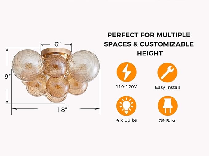 AGV LIGHTING Modern Bubble Glass Flush Mount Ceiling Light Fixture, Gold 4-Light Ceiling Chandelier with Amber Textured Glass Globe Shades, 18” Living Room Bedroom Dining Room Lighting