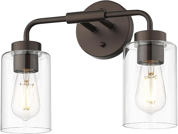 zeyu 2 Light Bathroom Vanity Light, Farmhouse Wall Sconce Lighting for Bathroom, Clear Glass Shade, Oil Rubbed Bronze Finish, ZS62B-2W ORB