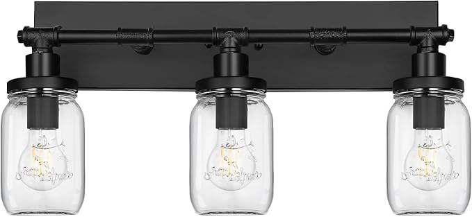 3-Light Bathroom Vanity Light, Black Bathroom Light Fixtures over Mirror, Vintage Wall Sconces with Clear Glass Shade, Industrial Farmhouse Mason Jar Wall Lamp for Bedroom Hallway Living Room