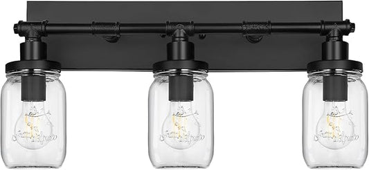 3-Light Bathroom Vanity Light, Black Bathroom Light Fixtures over Mirror, Vintage Wall Sconces with Clear Glass Shade, Industrial Farmhouse Mason Jar Wall Lamp for Bedroom Hallway Living Room