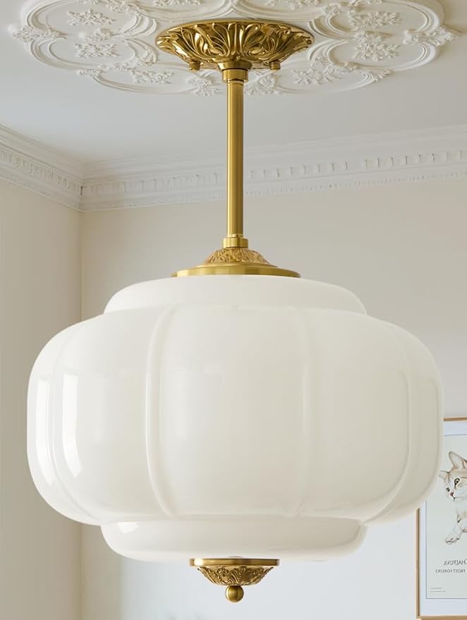 15In Milk Glass Pendant Light Adjustable Height Semi Flush Mount Pendant Light Fixture Mid Century Vintage Ceiling Light for Kitchen Dining Room Bedroom Hallway and Schoolhouse(White)