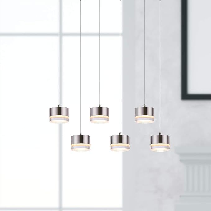 Jupiter 6 Mini Pendant Lighting Nickel - LED Hanging Light Fixture for Kitchen Island, Bar, Foyer - Cluster Pendants - Dimmable, Adjustable Wire, Lamp Bulb Included