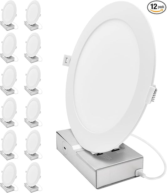 LUXRITE 8-Inch LED Recessed Light with J-Box, Canless Mini Panel Spotlight, 5CCT 2700K-5000K, 13/15/18 Watts, 1050/1250/1500 Lumens, CRI90, Dimmable, 120-277V, IC Rated, Wet Rated ETL Listed (12 Pack)