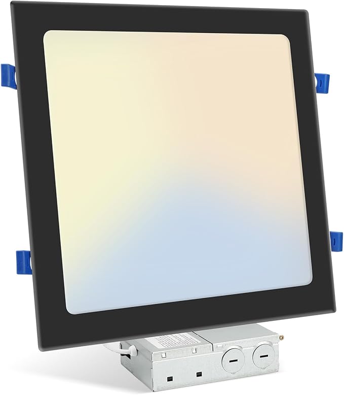 HONZIN 1 Pack 12 Inch Square Recessed Lighting, 5CCT Ultra-Thin LED Downlight, 2700K/3000K/3500K/4000K/5000K Selectable, Dimmable, 24W, IC Rated Canless Ceiling Lights with Junction Box, Black Trim