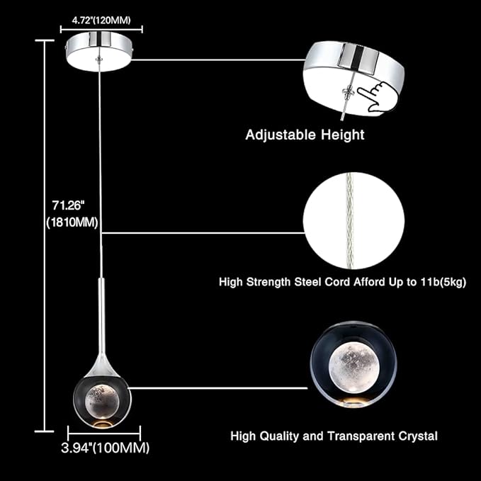 Sedelan Moon Crystal Pendant Light，Modern 2 Pack Pendant Lights Kitchen Island, Dimmable 3000K Dining Room Light Fixture, Pendant Lighting for Bedroom, Bar, Living Room,5W Chrome Adjustable Height