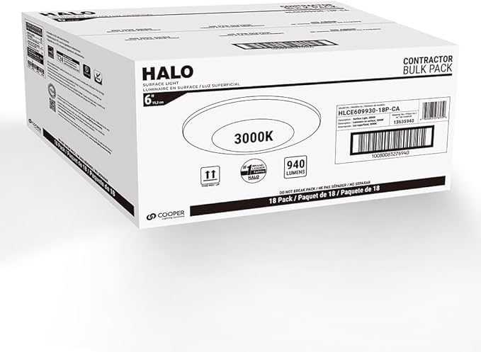HALO HLCE 18-Pack 6 inch Integrated LED Recessed Disk Light 3000K, 900 Lumens, 90 CRI, Phase Cut Dimming, Ceiling Mount Garage Lighting for Basement Gym Kitchen Damp Location