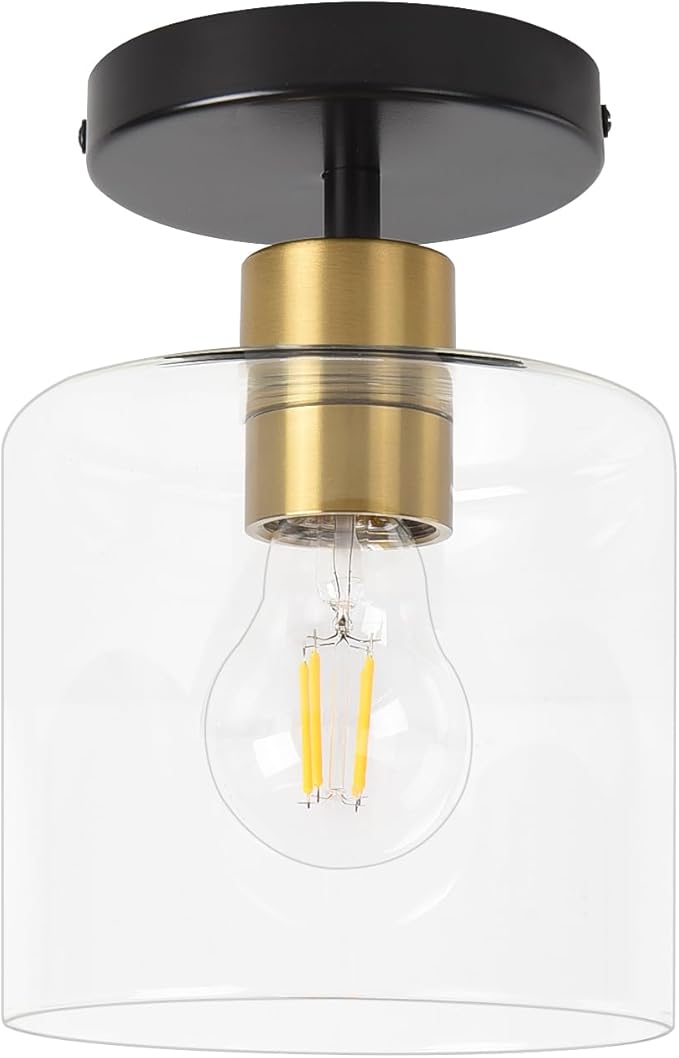 Black Brass Semi Flush Mount Ceiling Light,Modern Farmhouse Ceiling Light Fixture for Closet Entryway,Hallway Light Fixture 5.9in Clear Glass Shade 1 Pack