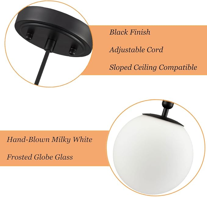 DIRYZON Modern Globe Pendant Lighting for Kitchen Island Black Hanging Ceiling Light Dining Pendant Chandelier Fixture with 7.9 Inches Milky White Frosted Lampshade