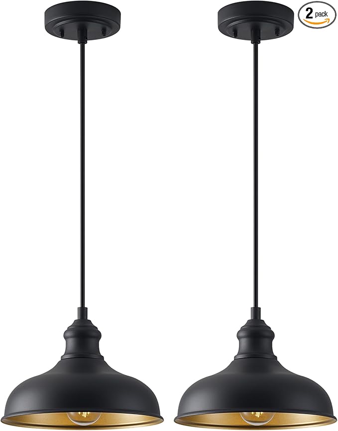 10in Outdoor Pendant Light Fixture Farmhouse Barn Style Kitchen Island Hanging Lamp for House, 2 Pack Black Entrance Pendant Mount Lighting with Brass Interior for Dining Room, Ajustable
