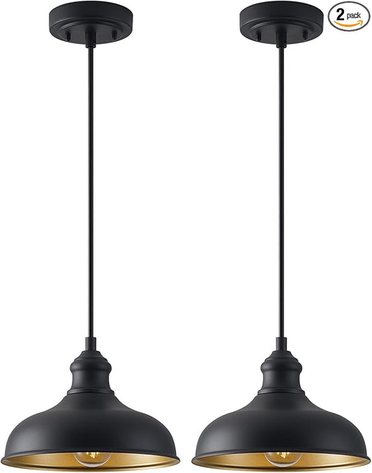 10in Outdoor Pendant Light Fixture Farmhouse Barn Style Kitchen Island Hanging Lamp for House, 2 Pack Black Entrance Pendant Mount Lighting with Brass Interior for Dining Room, Ajustable