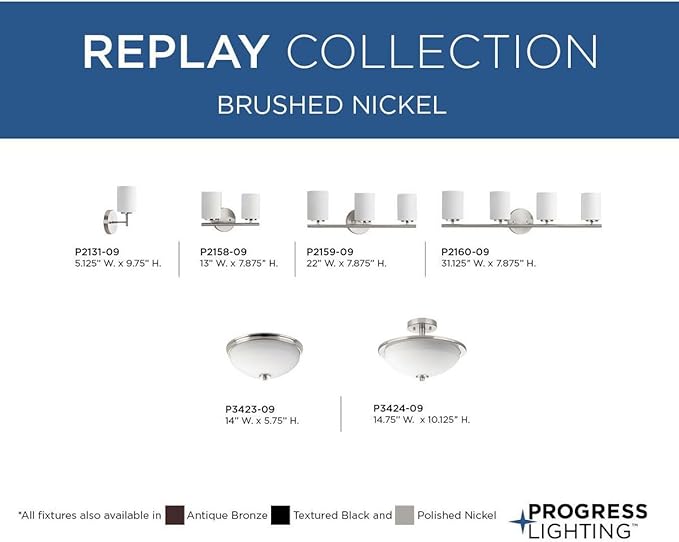 Progress Lighting Replay Collection 1-Light Etched White Glass Modern Bath Vanity Light Brushed Nickel, E26