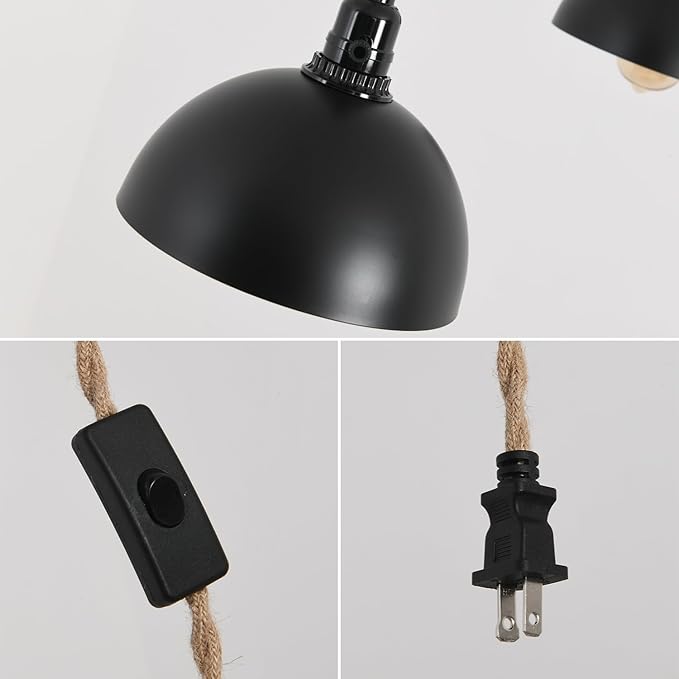 3 Light Hemp Rope Plug in Pendant Light Rattan Hanging Lights with Plug in Cord with Woven Lamp Shade, Hanging Lights with Plug in Cord Hemp Rope Hanging Lamp