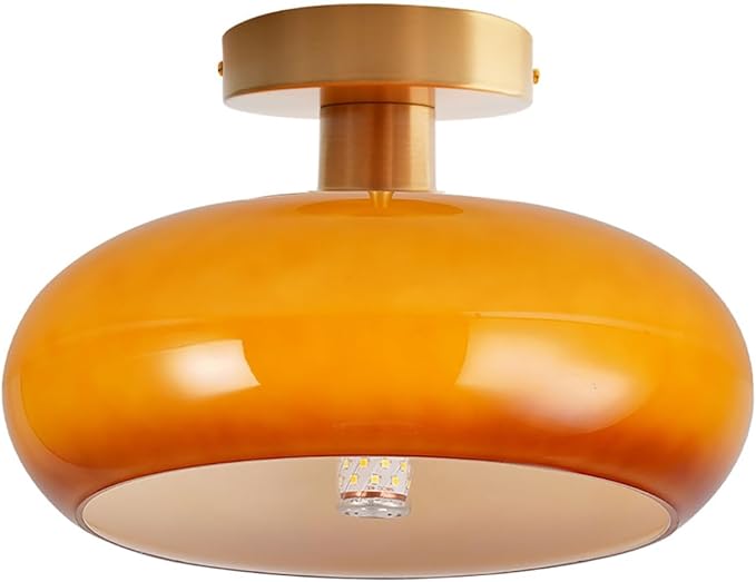 Modern Glass Flush Mount Ceiling Light, Orange Gold Mid Century Hallway Light Fixtures, Vintage Glass Ceiling Lamp, Brushed Brass Dining Room Light Fixture