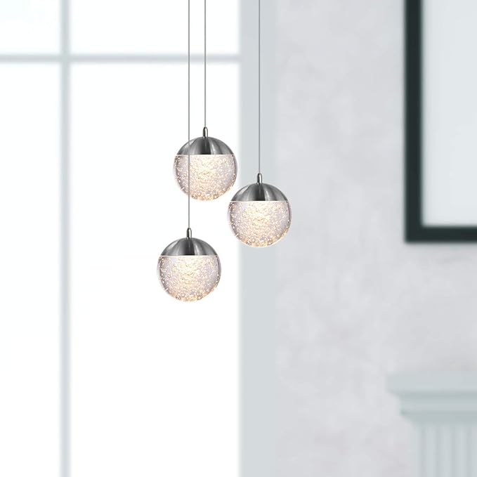 contec development Galaxy 3 Mini Pendant Crystall Ball Lighting Nickel - LED Hanging Light Fixture: Kitchen Island, Bar, Foyer - Cluster Pendants - Dimmable, Adjustable Wire, Lamp Bulb Included