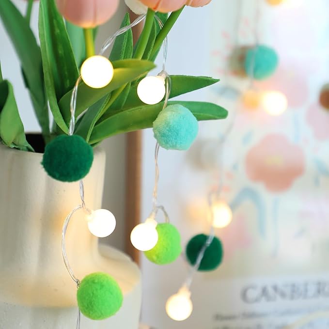 ChiRee Indoor String Lights 6.56 Feet Pom Poms Fairy Lights 20 LED Battery Operated String Ball Lights Warm White Globe Lights Colorful Decor Lights for Home Bedroom Kids Playhouse Holiday Christmas
