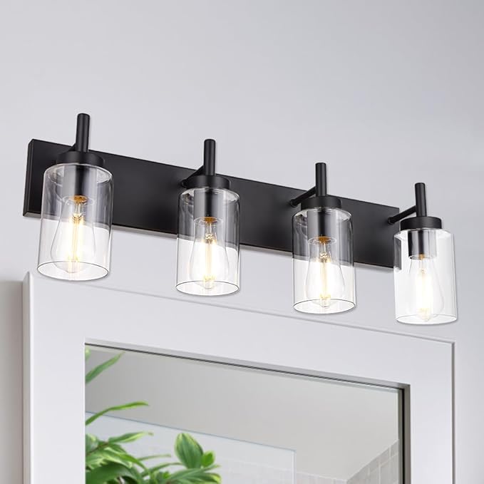 VINLUZ 4 Lights Bathroom Vanity Light Fixture Black Sconces Wall Lighting with Clear Glass Shade Modern Industrial Indoor Wall Mounted Lamp, Farmhouse Lighting for Kitchen (Patent No.: US D958,438 S)