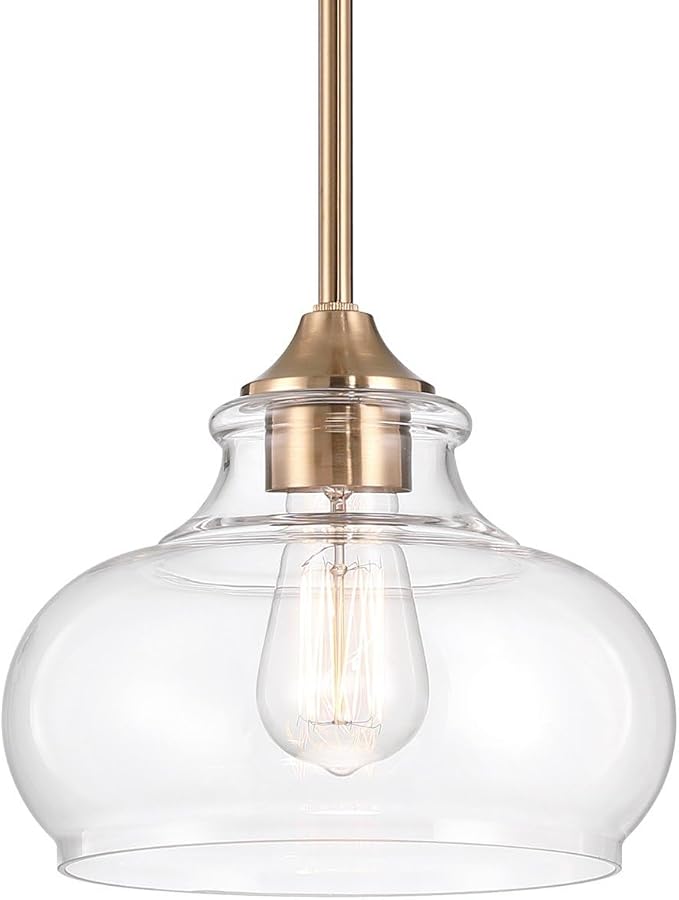 Kira Home Harlow 9" Modern Schoolhouse Pendant Light with Clear Glass Shade, Industrial Farmhouse Gold Hanging Light with Schoolhouse Glass, Cool Brass Finish