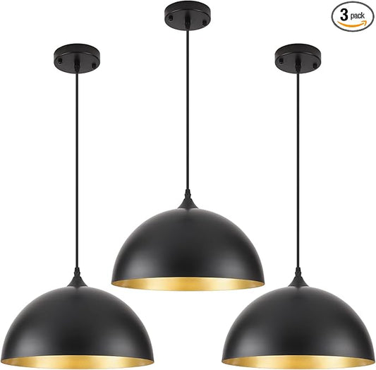 Black Pendant Lights Kitchen Island 3 Pack, 14 Inch Large Dome Pendant Light, Black and Gold Farmhouse Industrial Pendant Light, Island Pendant Lights for Kitchen, Dining Room