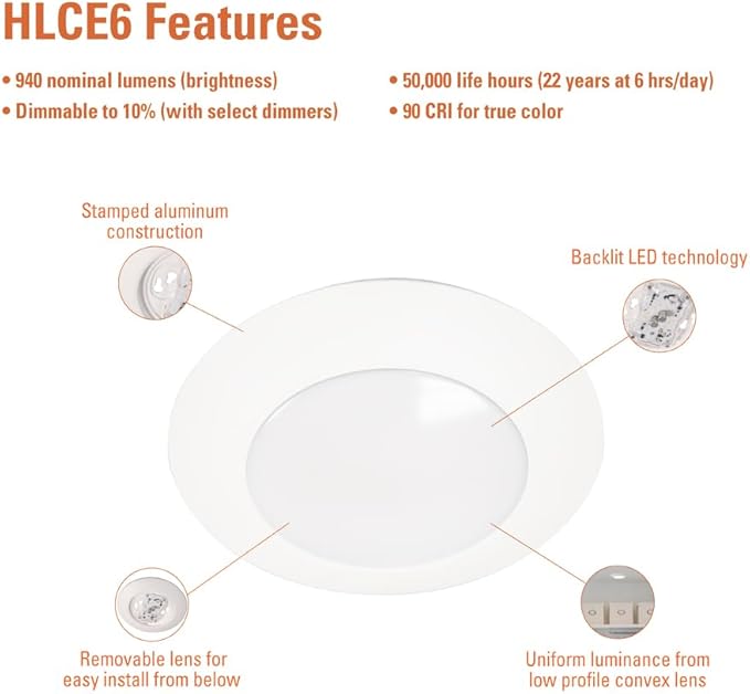 HALO HLCE 6-Pack 6 in Integrated LED Recessed Disk Light 3000K Warm White, 900 Lumens 90 CRI, Damp Location, Phase Cut Dimming, Surface Mount Below Ceiling Installation